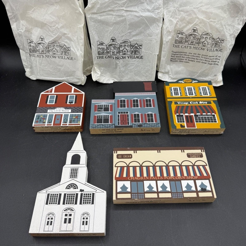 Vtg 1986 Cat's Meow Village Series IV Signed Feline Lot 5 Church Popcorn Shop
